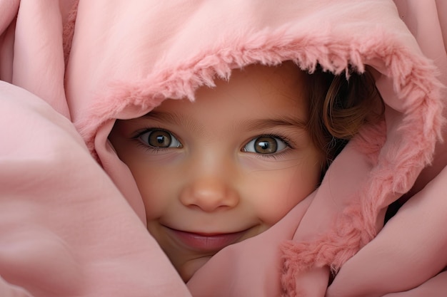 Petite fille dans une couverture rose Gros plan portrait d'un bel enfant Jolie petite fille se cachant sous une couverture rose regardant la caméra AI générée