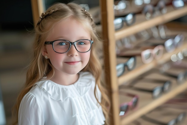 Une petite fille dans un magasin d'optique essayant de nouvelles lunettes.