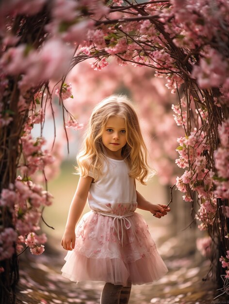 Petite fille dans le pays des merveilles des fleurs de printemps