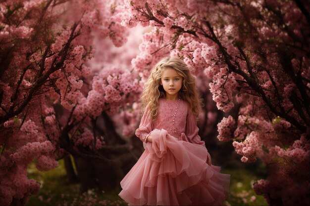 Petite fille dans le pays des merveilles des fleurs de printemps