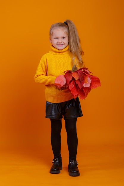 Une petite fille dans un pull jaune avec un bouquet de feuilles d'automne rouges est surprise sur un espace jaune dans le Studio