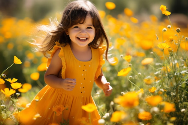 une petite fille dans une robe jaune courant à travers un champ de fleurs