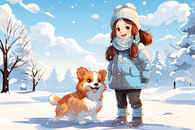 Photo une petite fille dans une veste chaude et un chapeau se promène avec un corgi dans un parc enneigé