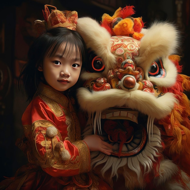 Une petite fille danse le lion chinois