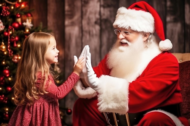 Une petite fille debout à côté d'un père Noël