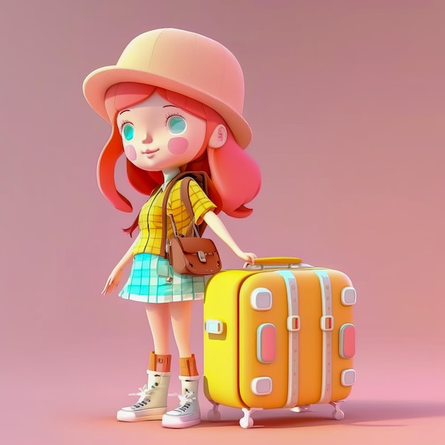 Petite fille debout à côté d'une valise jaune Generative AI