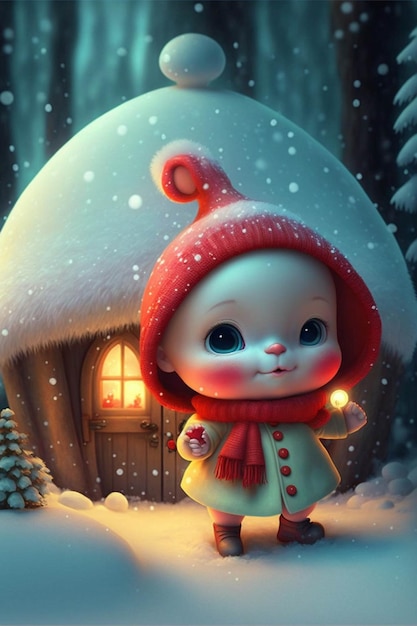 Petite fille debout devant une maison dans la neige ai générative