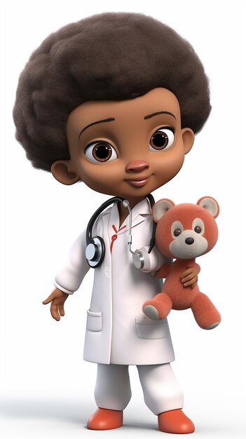 Photo petite fille de dessin animé en 3d jouant au docteur avec un ours en peluche