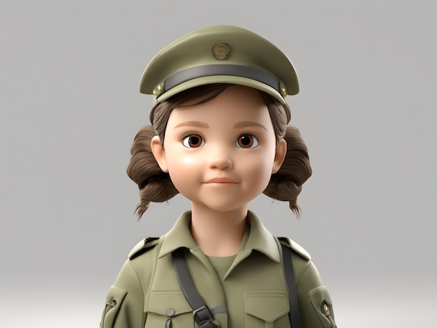 Petite fille de dessin animé 3D en uniforme militaire avec un fond blanc d'espace vide