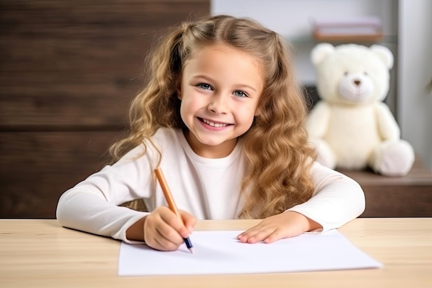 petite fille dessinant avec des crayons alors qu'elle est assise à table à la maison