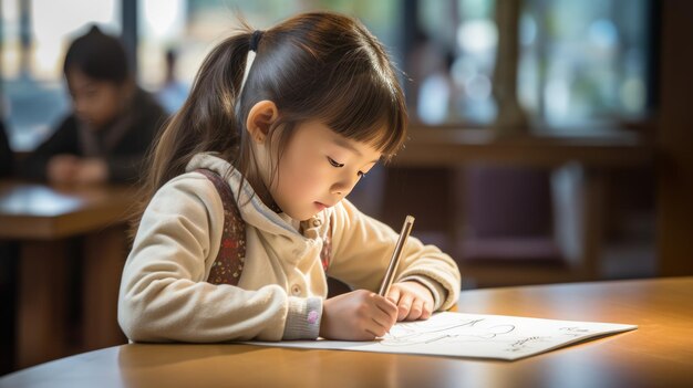 Une petite fille dessine assise à une table.