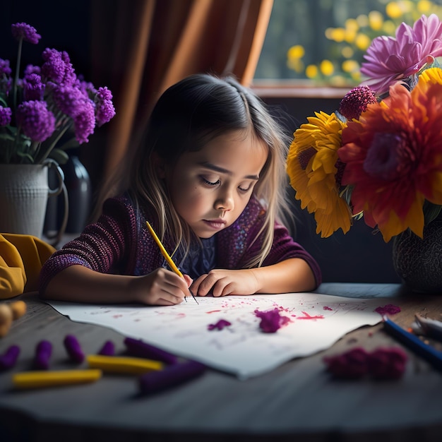 Une petite fille dessine avec un crayon et des fleurs en arrière-plan.