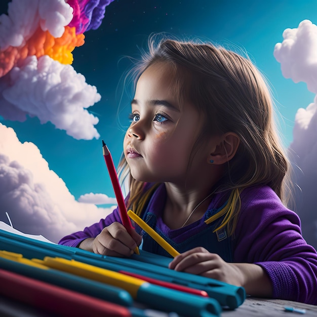 Photo une petite fille dessine avec un crayon et un fond de ciel bleu