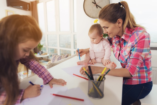 Une petite fille dessine sur le dessus de la cuisine avec des crayons de couleur.