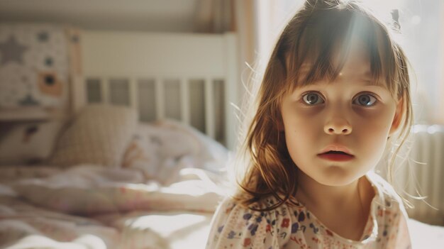 Une petite fille devant un lit.