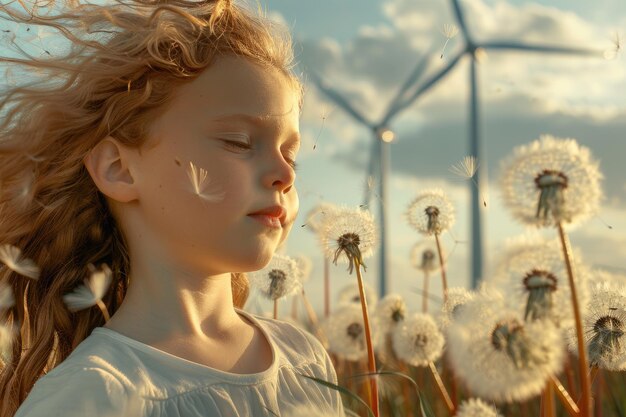 Une petite fille devant des moulins à vent qui souffle des pissenlits Une petite jeune fille devant des molins à vent