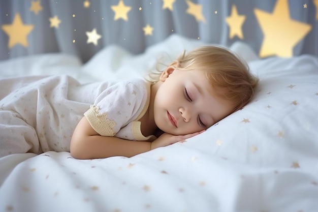 Photo une petite fille dort sur un lit avec des étoiles et des étoiles