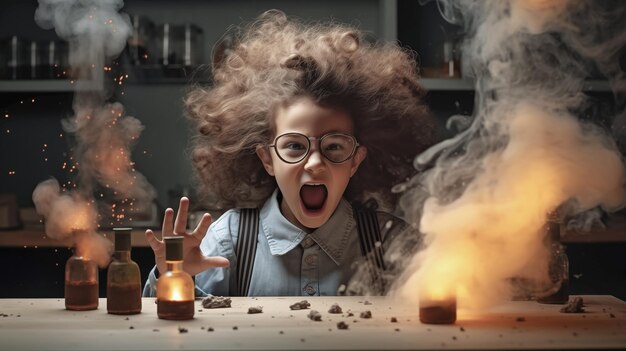 Photo une petite fille drôle s'engage dans des expériences de laboratoire.