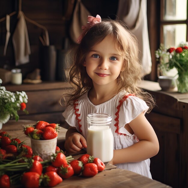 Une petite fille avec du lait et des fraises.