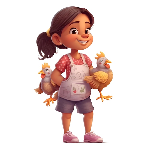 Petite fille avec du poulet sur un fond blanc rendu 3d