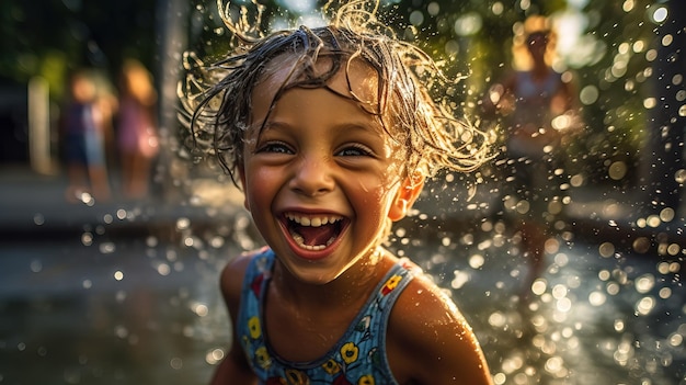 Une petite fille éclabousse de l'eau dans une piscine.