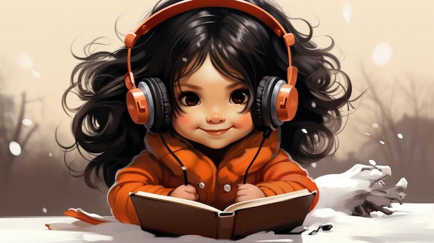 Une petite fille avec des écouteurs lisant un livre dans la neige ai