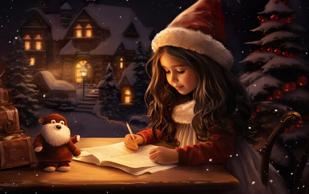 Photo une petite fille écrivant une lettre au père noël.