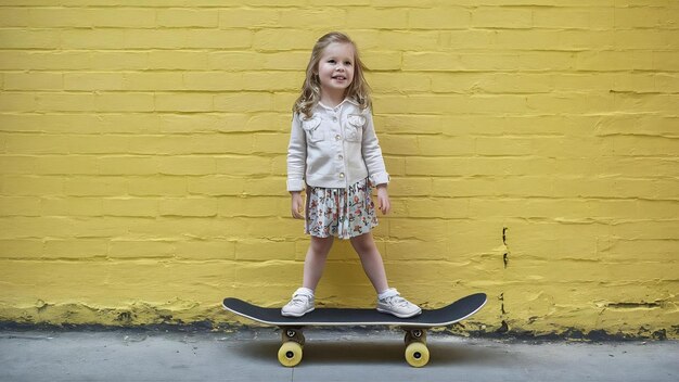 Une petite fille élégante, une petite fille en casual avec un skateboard sur un mur jaune.