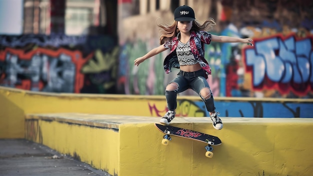 Une petite fille élégante, une petite fille en casual avec un skateboard sur un mur jaune.