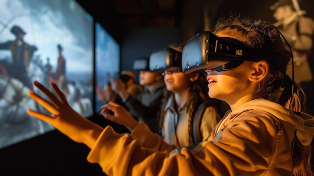 Une petite fille émerveillée portant un casque de réalité virtuelle et explorant un nouveau monde Concept de réalité Virtuelle Réalité Augmentée et technologie du futur