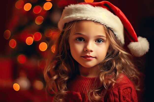 Petite fille enfant souriante mignonne près d'un sapin de Noël décoré sur fond de lumières festives lumineuses