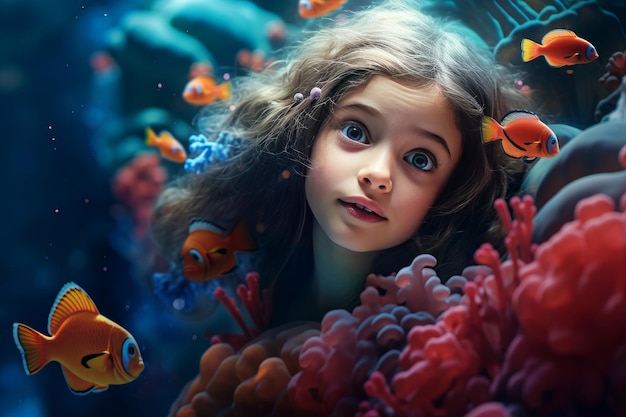 Photo une petite fille enjouée dans le monde sous-marin génère une ia.