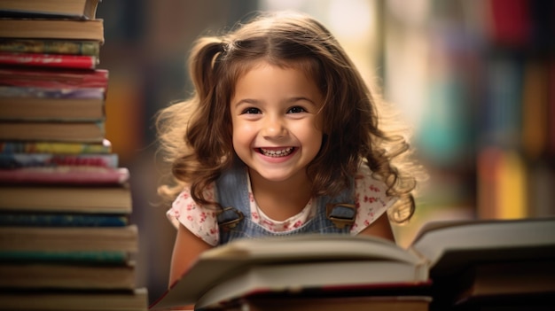 Une petite fille entourée de livres est assise devant un livre ouvert et sourit Créé avec la technologie Generative AI