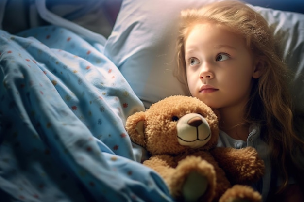 Photo une petite fille est allongée dans son lit avec un ours en peluche.