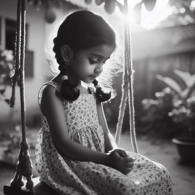 Photo une petite fille est assise sur une balançoire avec ses mains sur ses genoux