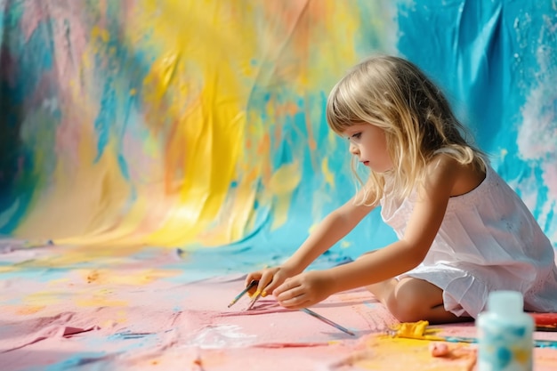 Une petite fille est assise sur un fond coloré peignant avec un pinceau.