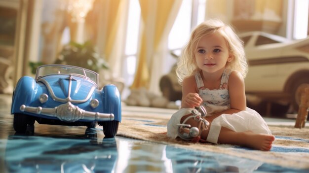 Une petite fille est assise par terre à côté d'une petite voiture.