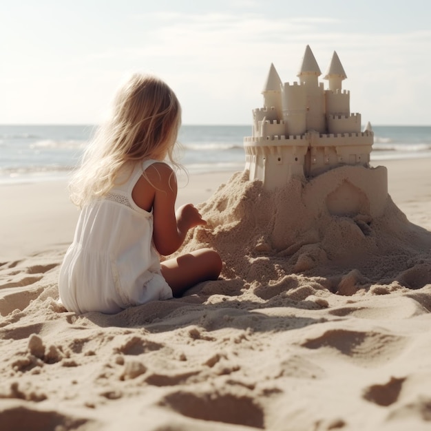 une petite fille est assise sur le sable au bord de la mer et construit un château de sable Generative AI