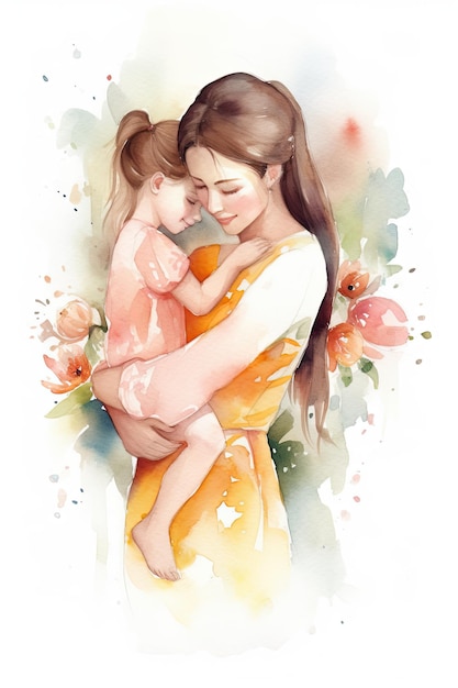 Petite fille étreignant sa mère le jour de la fête des mères Illustration aquarelle générée par Ai