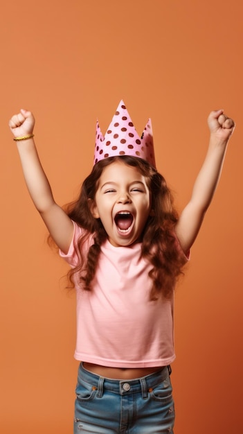 Photo une petite fille excitée en toile de fond orange portant un chapeau de fête rayonnant de joie lors de la célébration de son anniversaire