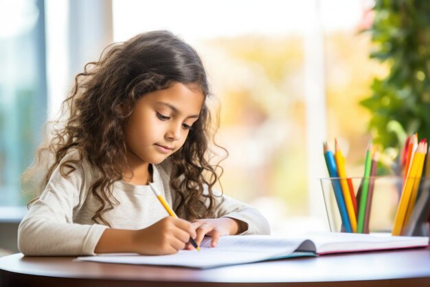 petite fille faisant ses devoirs assise à un bureau écrivant sur un papier