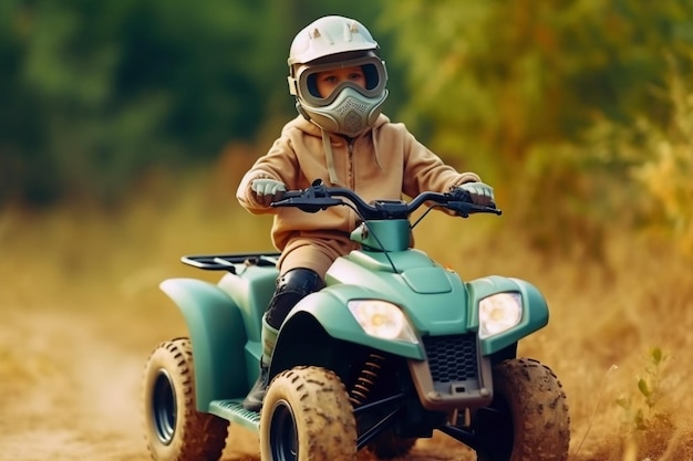 La petite fille fait du quad Un mini quad est une fille cool dans un casque et une protection