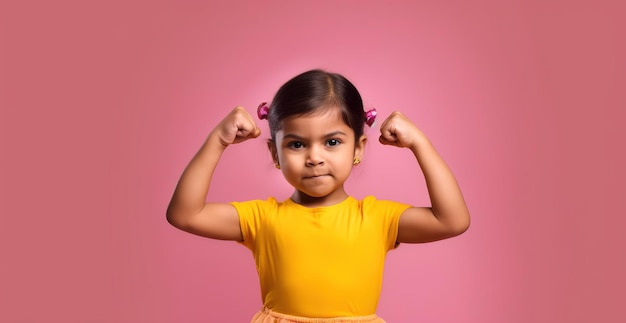 Une petite fille fléchit ses muscles.