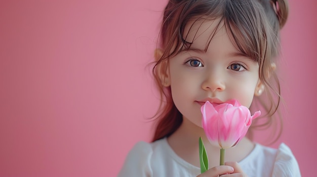 Une petite fille avec une fleur de tulipe rose sur un fond rose pastel