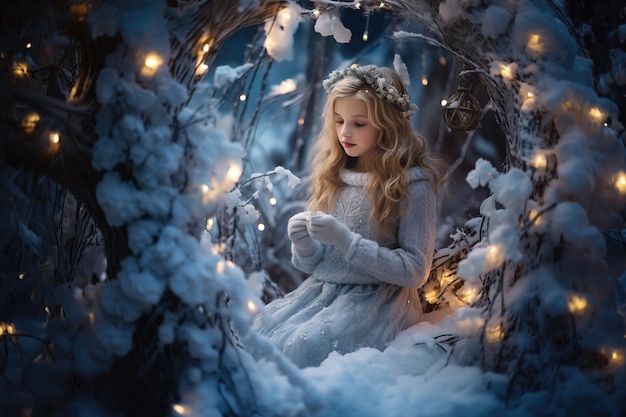 Petite fille sur un fond d'hiver de Noël décoré