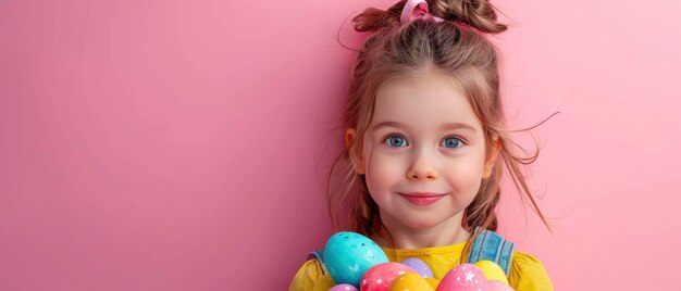 Une petite fille sur un fond rose isolé Joyeux jour de Pâques