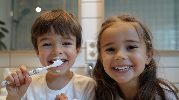 Une petite fille et un garçon se brossent les dents.