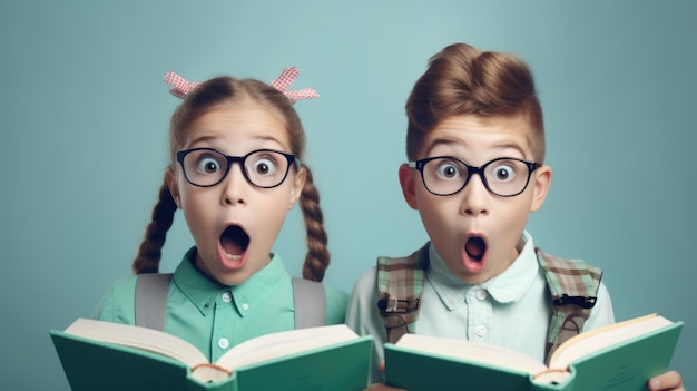 Petite fille et garçon surpris dans des verres avec un livre de lecture de sac à dos sur fond de menthe