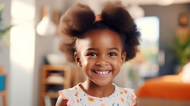 une petite fille avec un grand afro sourit à la caméra