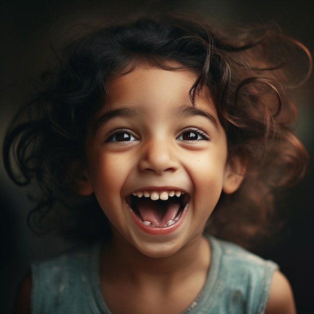 Une petite fille avec un grand sourire montrant ses dents.